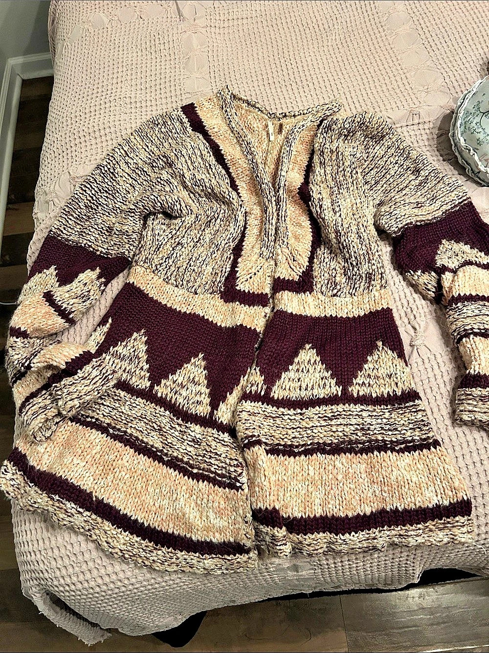 Free People Marled Cream and Burgundy Geometric Knit Cardigan - Picture 1 of 2
